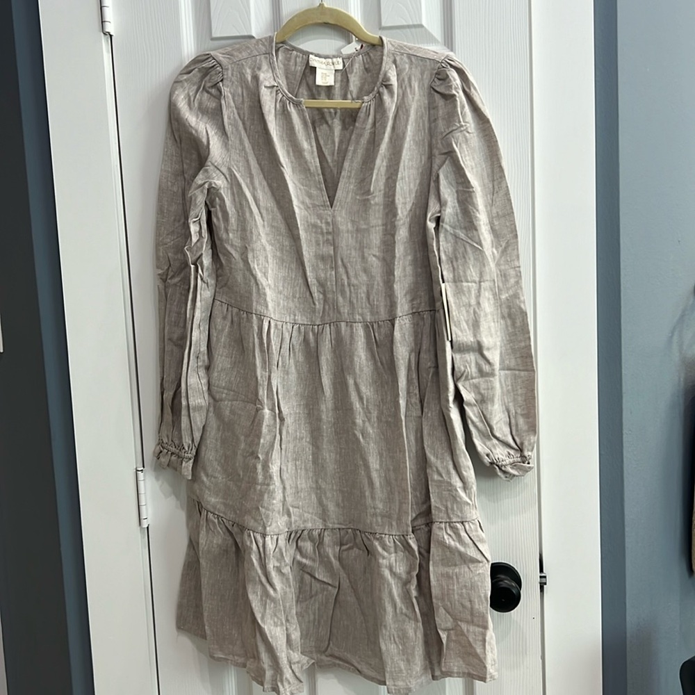 NWT Cynthia Rowley tan linen tiered loose lightweight puff sleeve dress xs